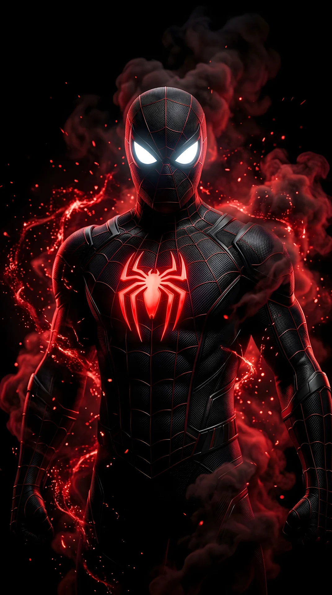Dark Superhero Suit with Glowing Red Spider Emblem - Free 4K mobile Wallpaper