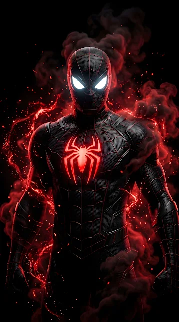 Dark Superhero Suit with Glowing Red Spider Emblem - Free mobile Wallpaper