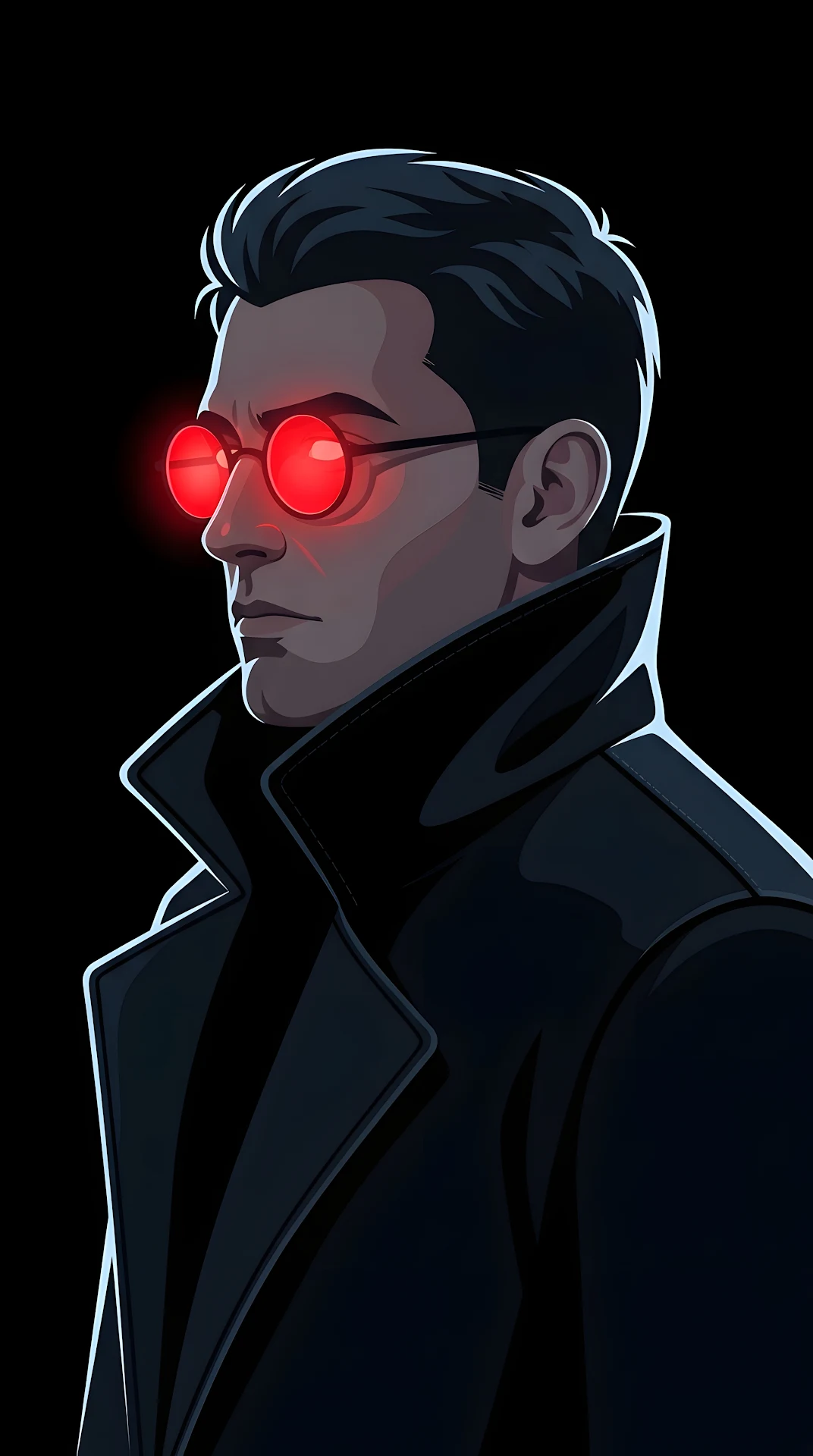 Dark Vector Illustration of a Man with Glowing Red Round Glasses - Free 4K mobile Wallpaper