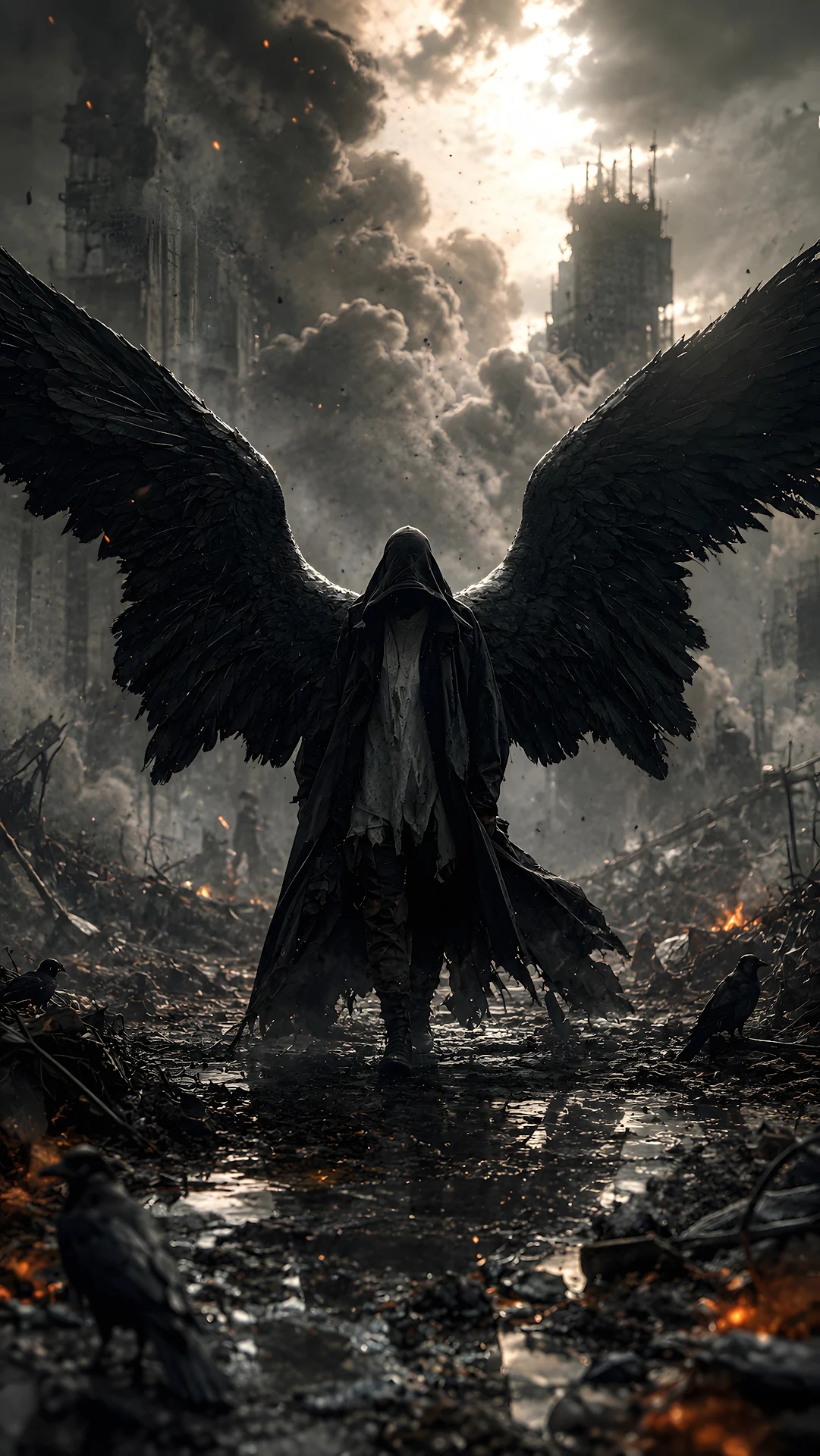 Dark winged hooded warrior standing in destroyed city ruins - Free 4K mobile Wallpaper
