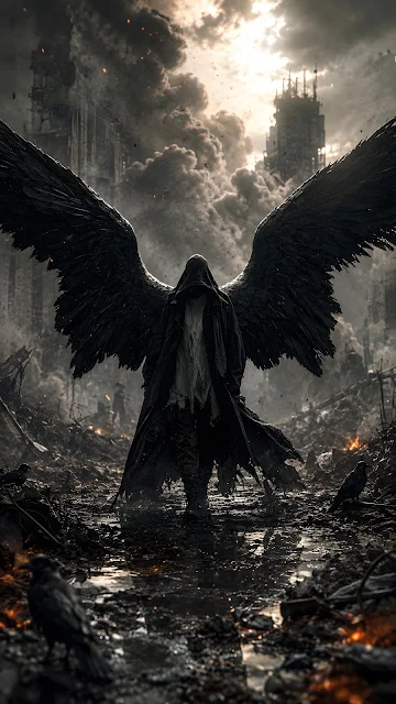 A hooded dark figure with massive black wings stands amid the smoke and rubble of a destroyed city.