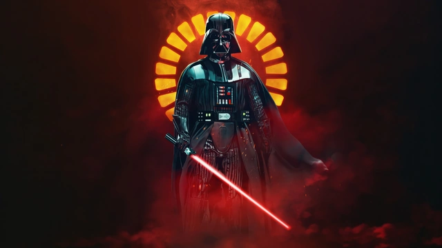 Darth Vader holding a glowing red lightsaber in front of a circular yellow halo surrounded by dark red smoke.