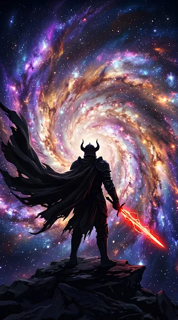 Darth Vader Silhouette Facing a Swirling Vibrant Cosmic Nebula - Free mobile Wallpaper