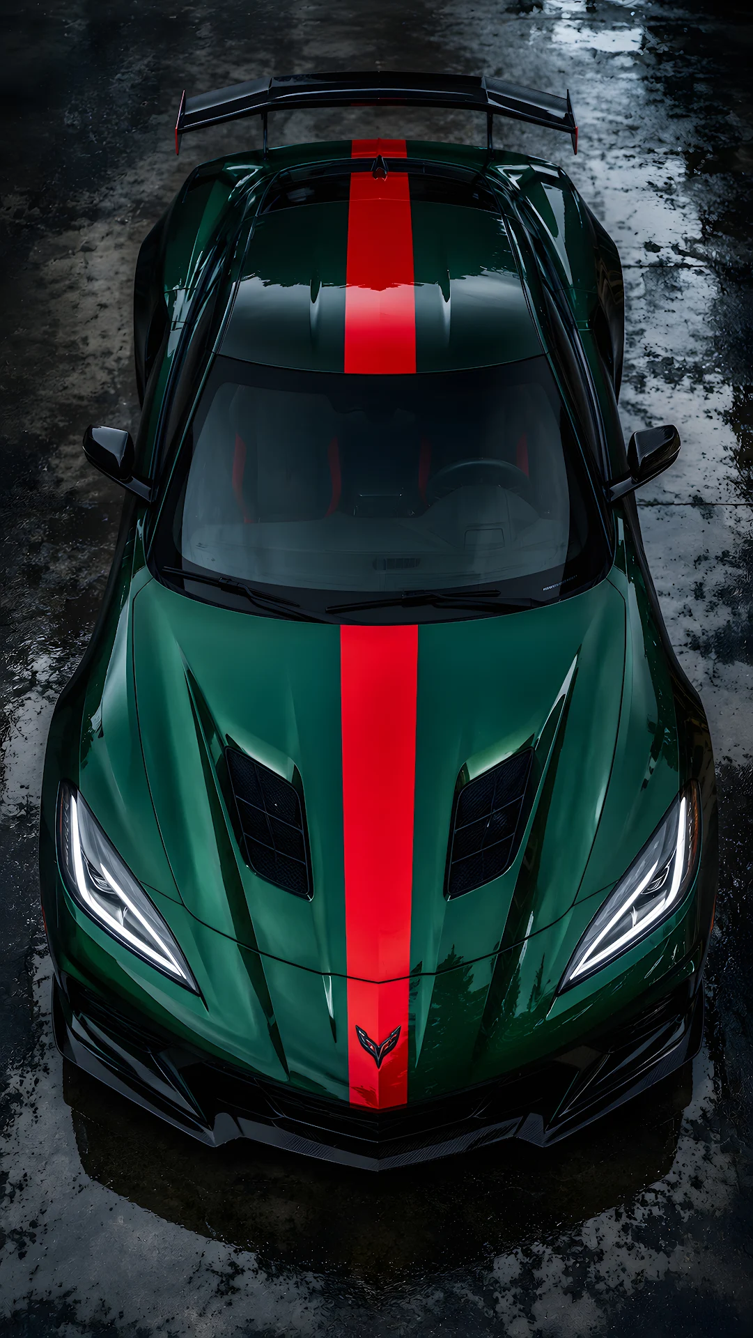 Deep green sports car with red stripe from high angle - Free 4K mobile Wallpaper