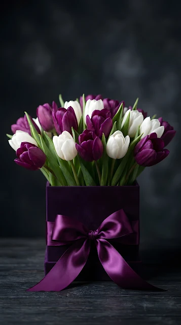 Deep Purple and White Tulips in a Dark Purple Box with Satin Ribbon - Free mobile Wallpaper