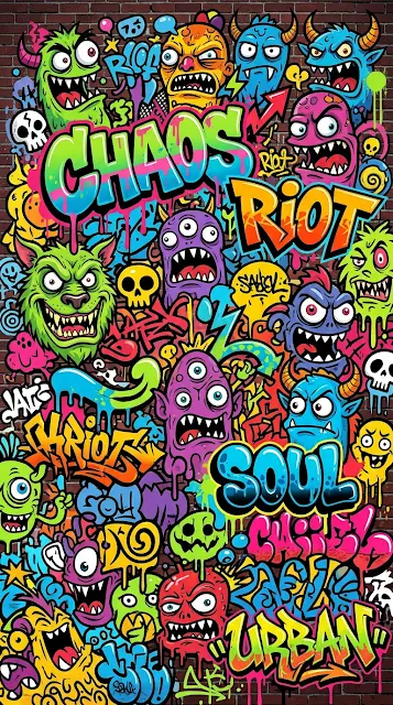 Dense Collage of Graffiti Characters and Typography on Wall - Free 4K & 8K mobile Wallpaper