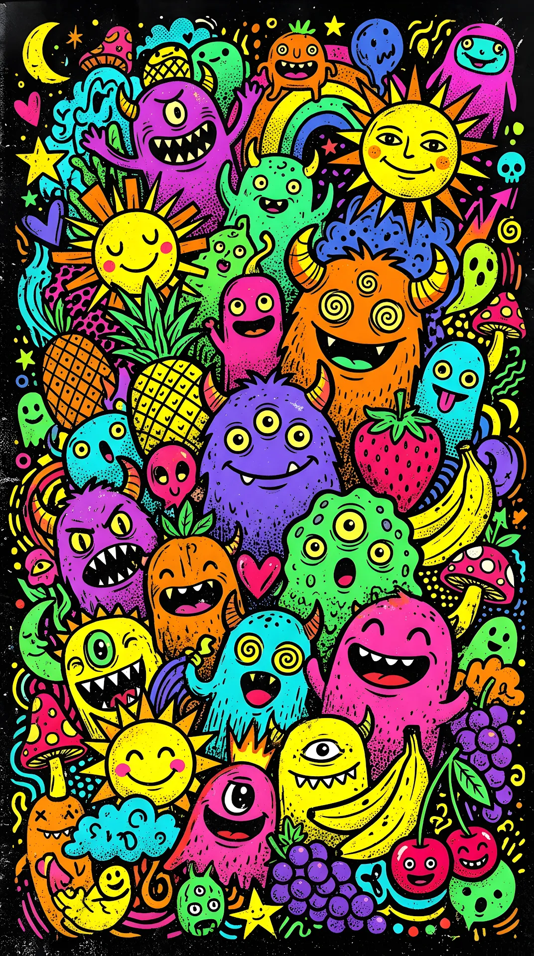 Dense Colorful Doodle Art Pattern with Monsters and Fruit Characters - Free 4K mobile Wallpaper