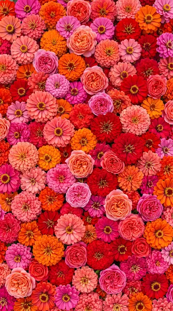 Dense Wall of Colorful Mixed Garden Flowers - Free mobile Wallpaper