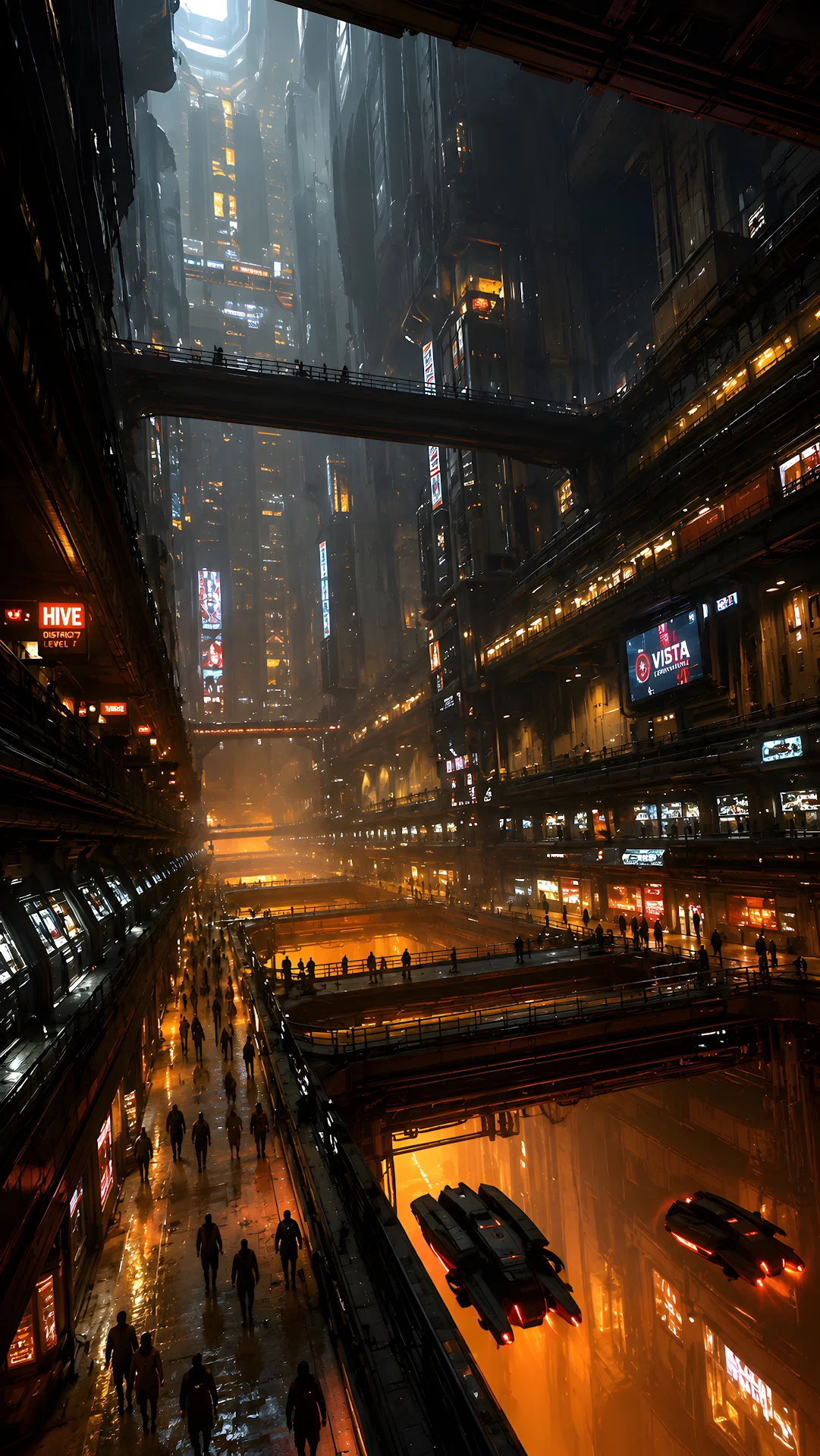 Densely populated futuristic city street with flying vehicles - Free 4K mobile Wallpaper