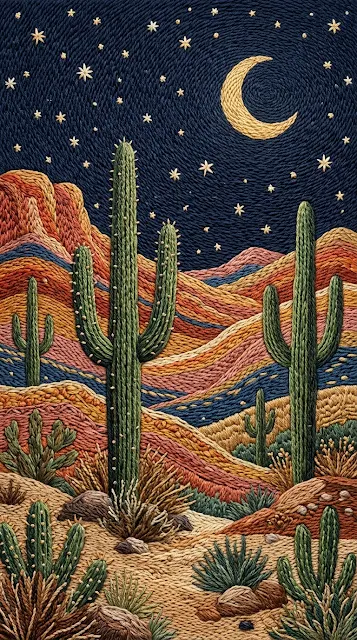 Desert Landscape with Cacti and Moon in a Stitched Embroidery Style - Free 4K & 8K mobile Wallpaper