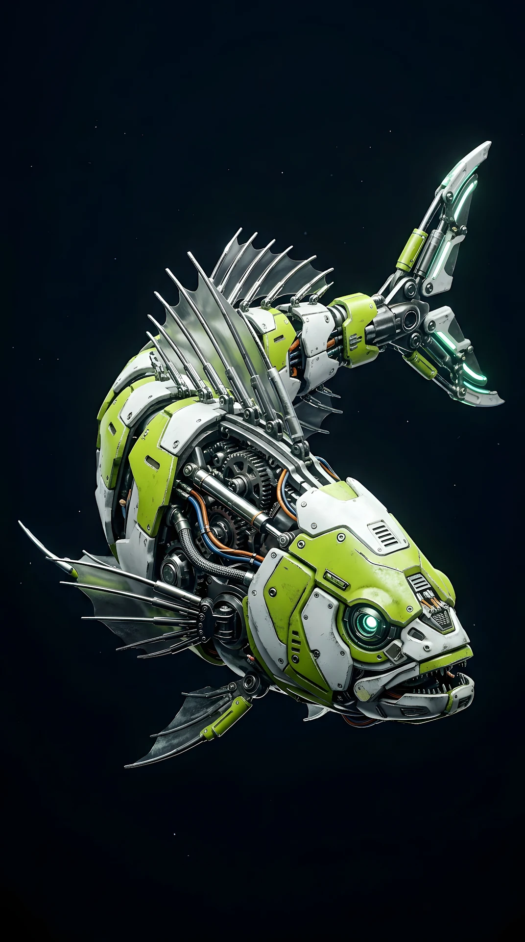 Detailed 3D Render of a Cybernetic Fish with Mechanical Gills and Lime Green Armor - Free 4K mobile Wallpaper