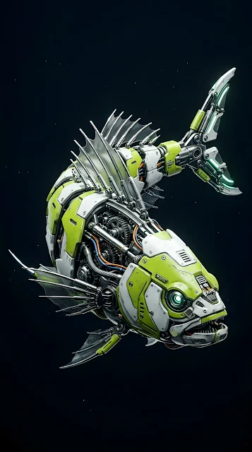 Detailed 3D Render of a Cybernetic Fish with Mechanical Gills and Lime Green Armor - Free mobile Wallpaper