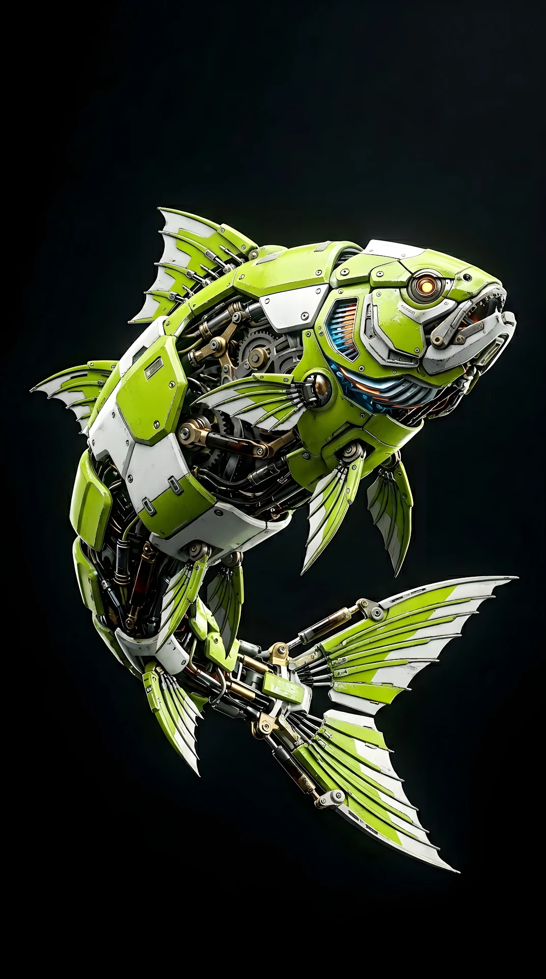 Detailed 3D Render of a Cybernetic Fish with Mechanical Gills and Lime Green Armor - Free 4K mobile Wallpaper