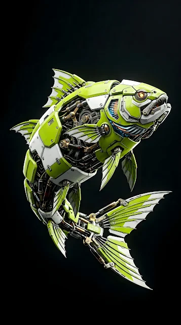 Detailed 3D Render of a Cybernetic Fish with Mechanical Gills and Lime Green Armor - Free mobile Wallpaper