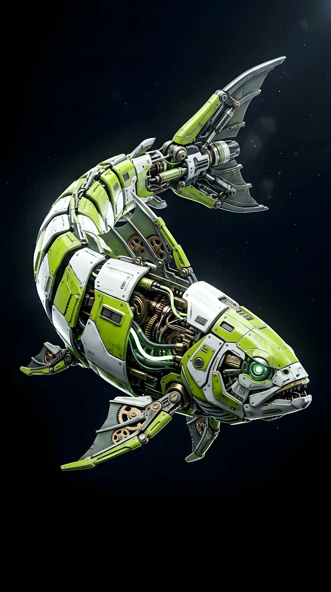 Detailed 3D Render of a Cybernetic Fish with Mechanical Gills and Lime Green Armor - Free 4K mobile Wallpaper