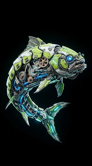 Detailed 3D Render of a Cybernetic Fish with Mechanical Gills and Lime Green Armor - Free 4K & 8K mobile Wallpaper