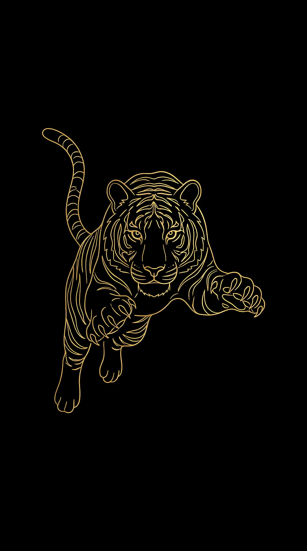 Detailed Golden Line Art Illustration of Pouncing Tiger on Black Background - Free 4K mobile Wallpaper