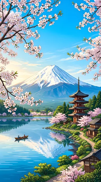 Detailed Illustration of Mount Fuji with Pagoda and Sakura - Free mobile Wallpaper