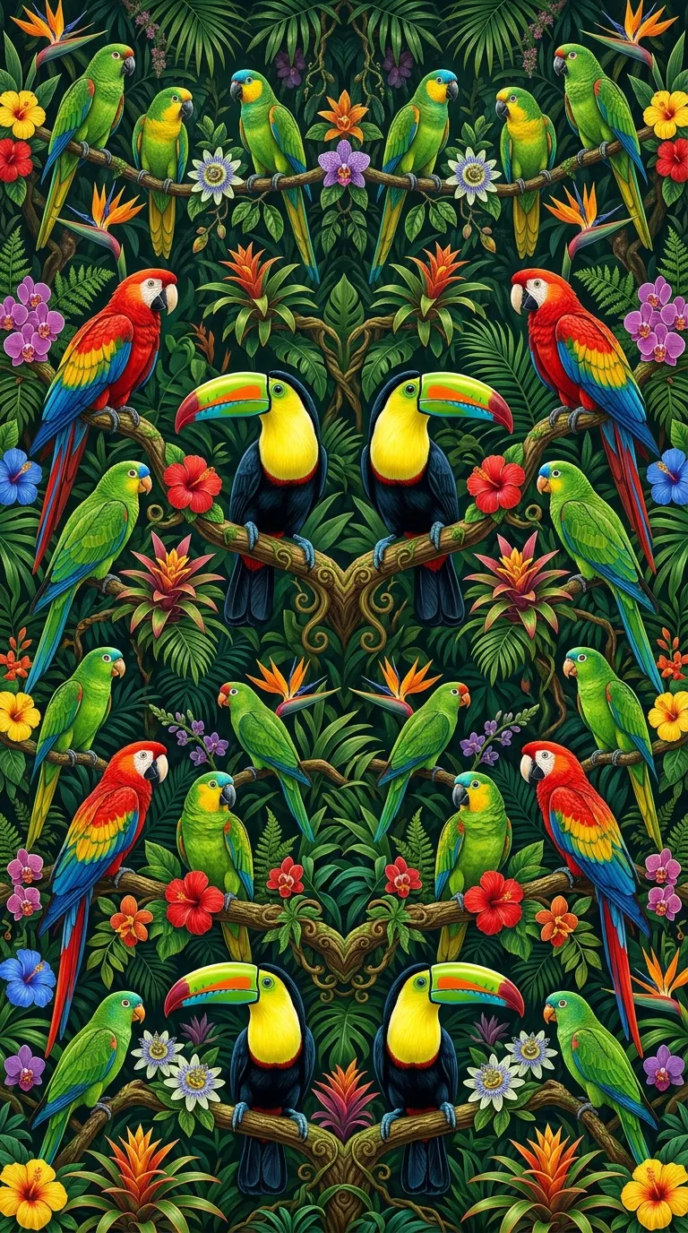 Detailed Pattern of Colorful Parrots and Toucans in Tropical Jungle - Free 8K and 4K mobile Wallpaper Background