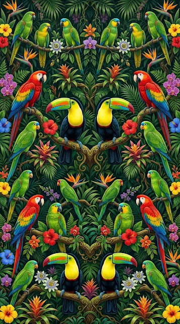 Detailed Pattern of Colorful Parrots and Toucans in Tropical Jungle - Free 4K & 8K mobile Wallpaper