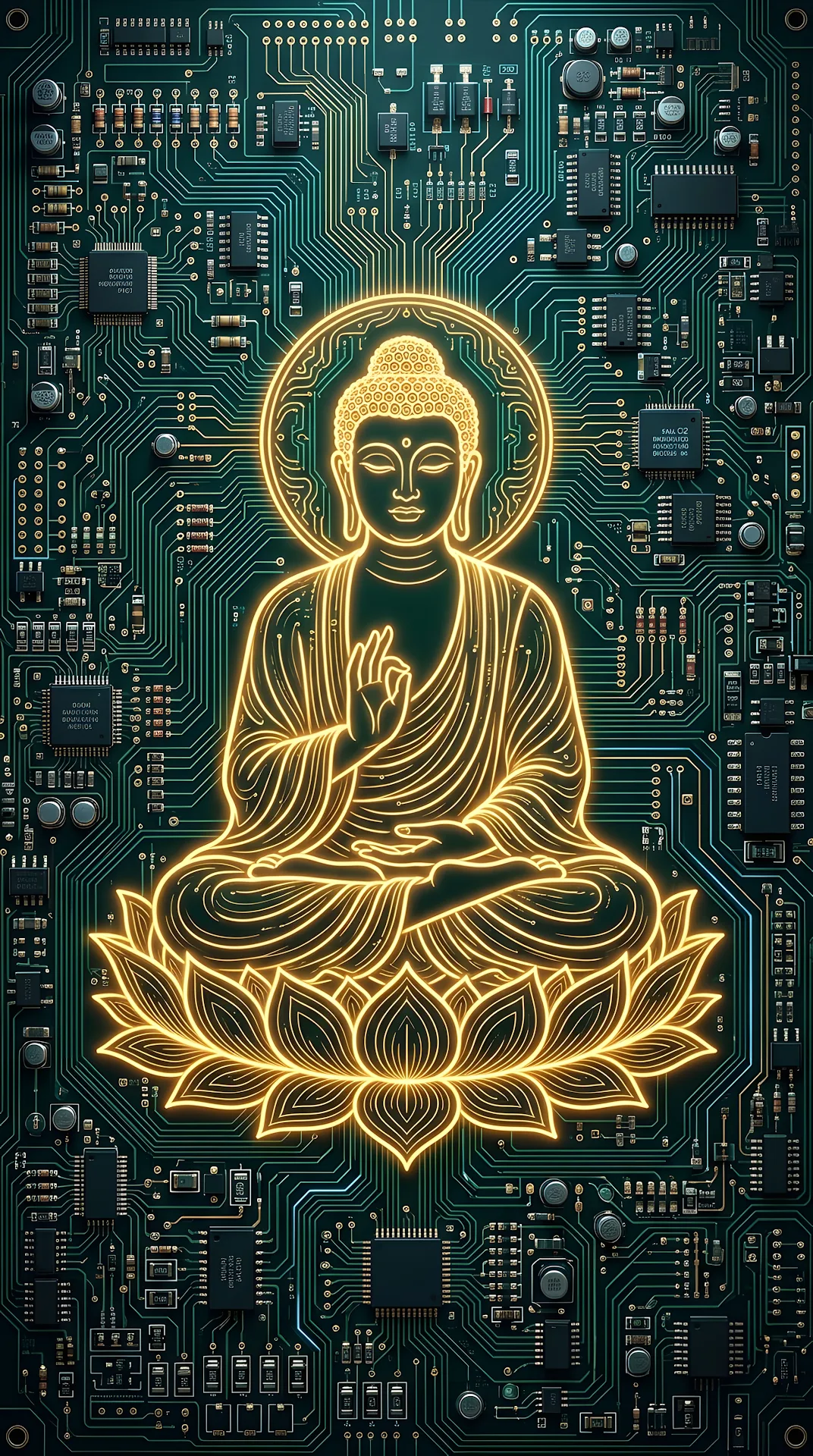 Digital Illustration of Buddha Formed by Glowing Circuit Board Traces - Free 4K mobile Wallpaper