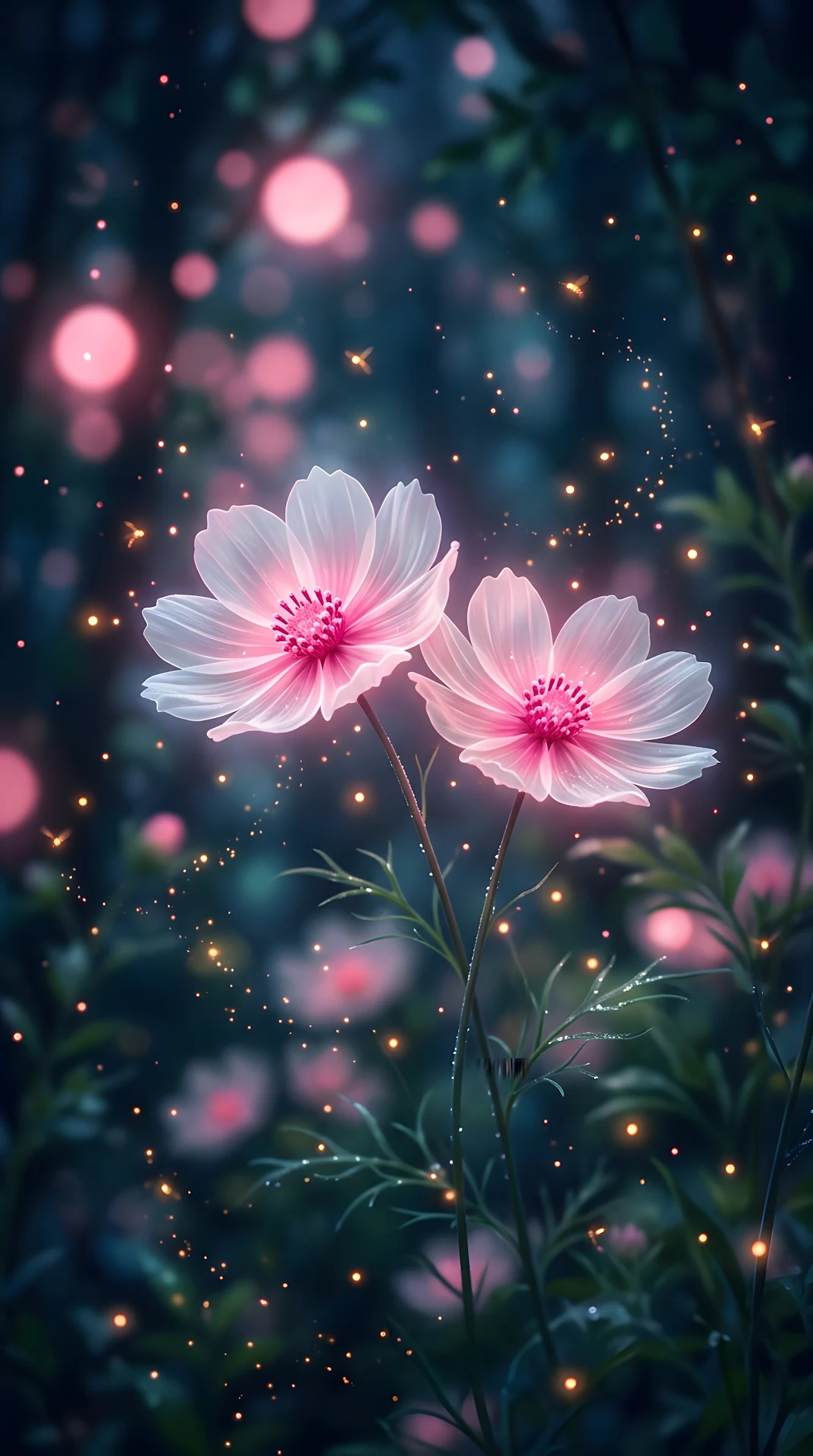 Digital Illustration of Glowing Translucent Flowers in Dark Atmospheric Setting - Free 4K mobile Wallpaper