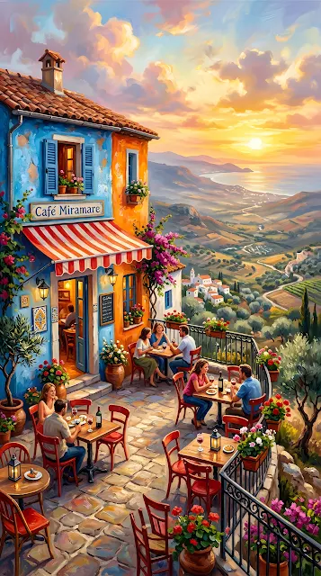 Digital Illustration of an Orange and Blue European Cafe Overlooking a Valley - Free mobile Wallpaper