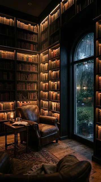 Dimly Lit Private Library with Black Oak Shelves Wallpaper - Free 4K & 8K mobile Wallpaper
