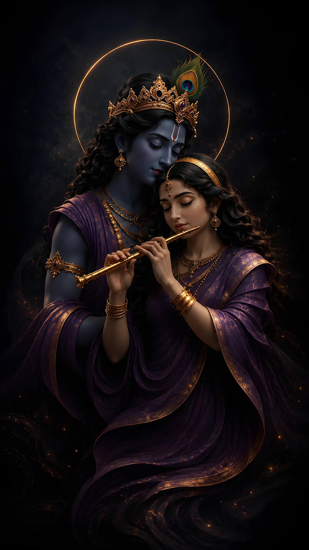Divine blue-skinned deity and partner holding golden flute - Free 4K mobile Wallpaper