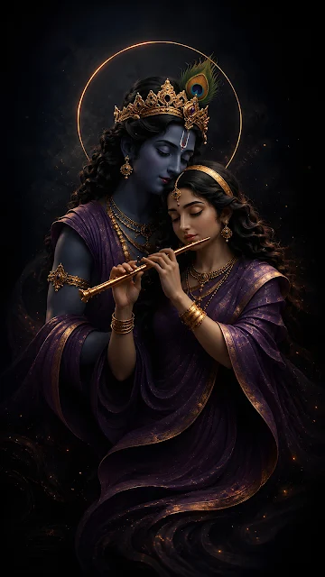Blue-skinned divine figure wearing a peacock feather crown resting head near a woman holding a gold flute in purple robes.