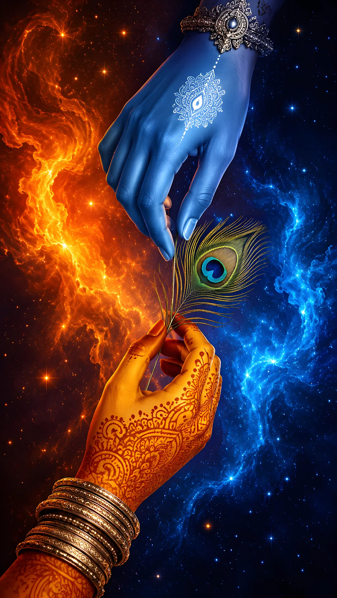 Divine cosmic connection of two hands sharing a peacock feather - Free 4K mobile Wallpaper
