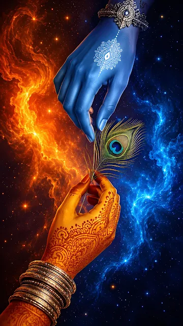 An artistic spiritual illustration showing a blue hand from above and a henna-patterned hand from below meeting around a peacock feather.