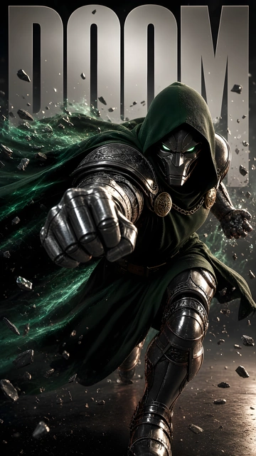 Doctor Doom in a green hooded cloak and steel armor lunging forward with a clenched metal fist.