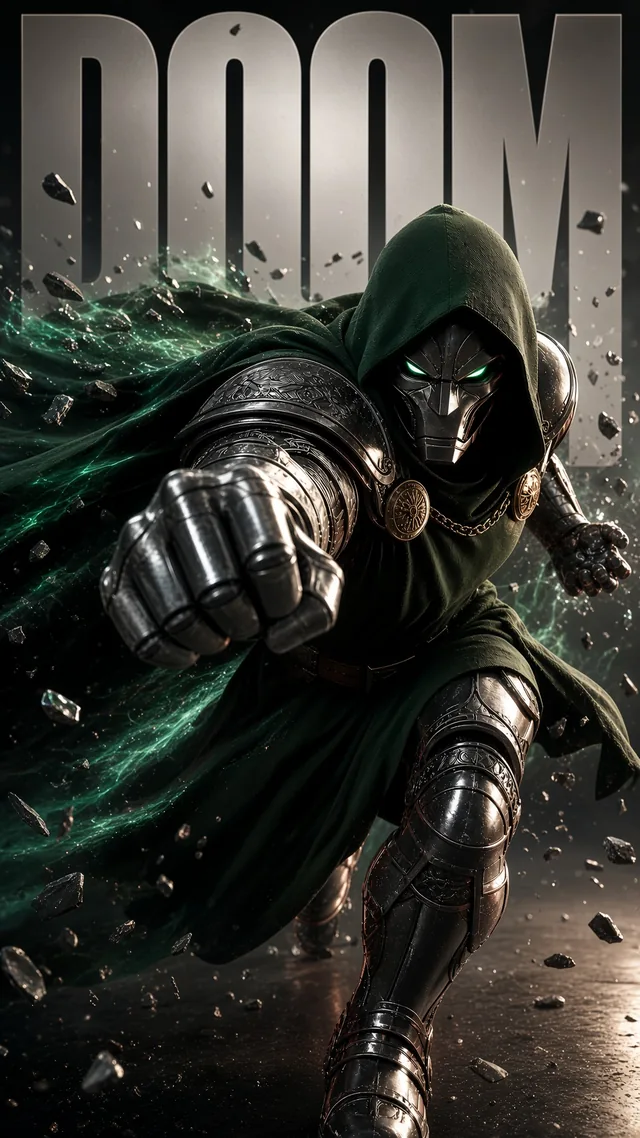 Doctor Doom in steel armor and a green hooded cloak punching forward with glowing green energy effects.