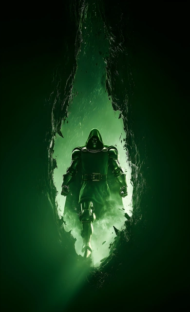 Doctor Doom in steel armor and hooded green tunic standing inside a glowing green rock fissure.