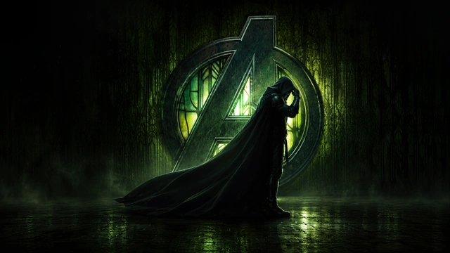 Hooded figure of Doctor Doom standing in green light before a giant glowing Avengers symbol on a wet stone floor.