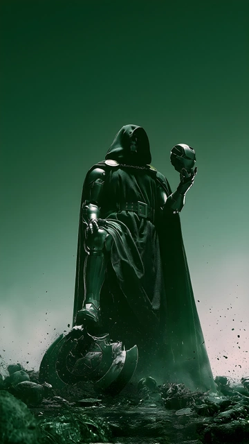 Doctor Doom in a green hooded cape holding Iron Man's helmet and stepping on a broken shield.