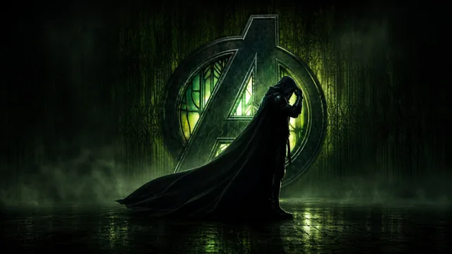 Doctor Doom Avengers Logo Darkness 4K Wallpaper Hooded figure of Doctor Doom standing in side profile before a backlit green Avengers insignia on a dark textured floor.