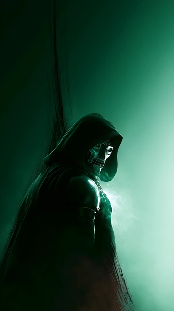 Doctor Doom wearing a metal face plate and dark green hooded cloak against a green fog background.
