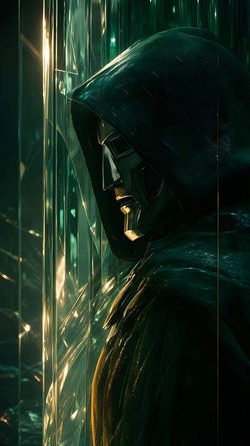 Side profile of Doctor Doom wearing a metallic face mask and dark green hooded cloak with emerald lighting.