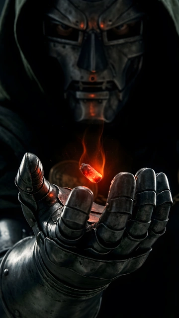 Close-up of Doctor Doom holding a fiery red glowing crystal floating above his armored metal gauntlet.