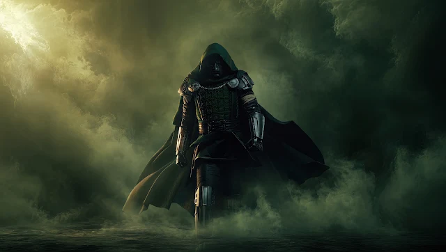 Doctor Doom in a hooded green cloak and metal mask walking through dense fog illuminated by overhead sunlight.