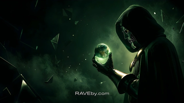 Doctor Doom in a hooded cape holding a glowing miniature Earth in his metal gauntlet.