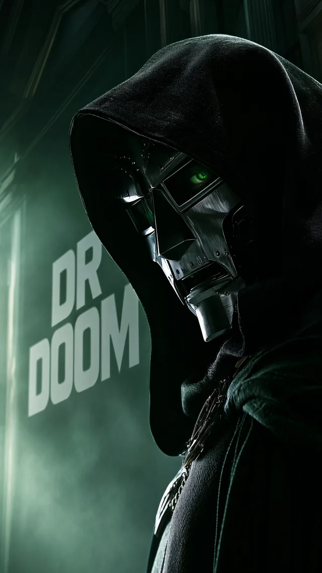 Doctor Doom side profile showing a metal mask, glowing green eye, and dark hood in green lighting.
