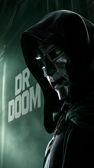 Profile of Doctor Doom wearing a polished metal faceplate and dark green hood in moody green fog.