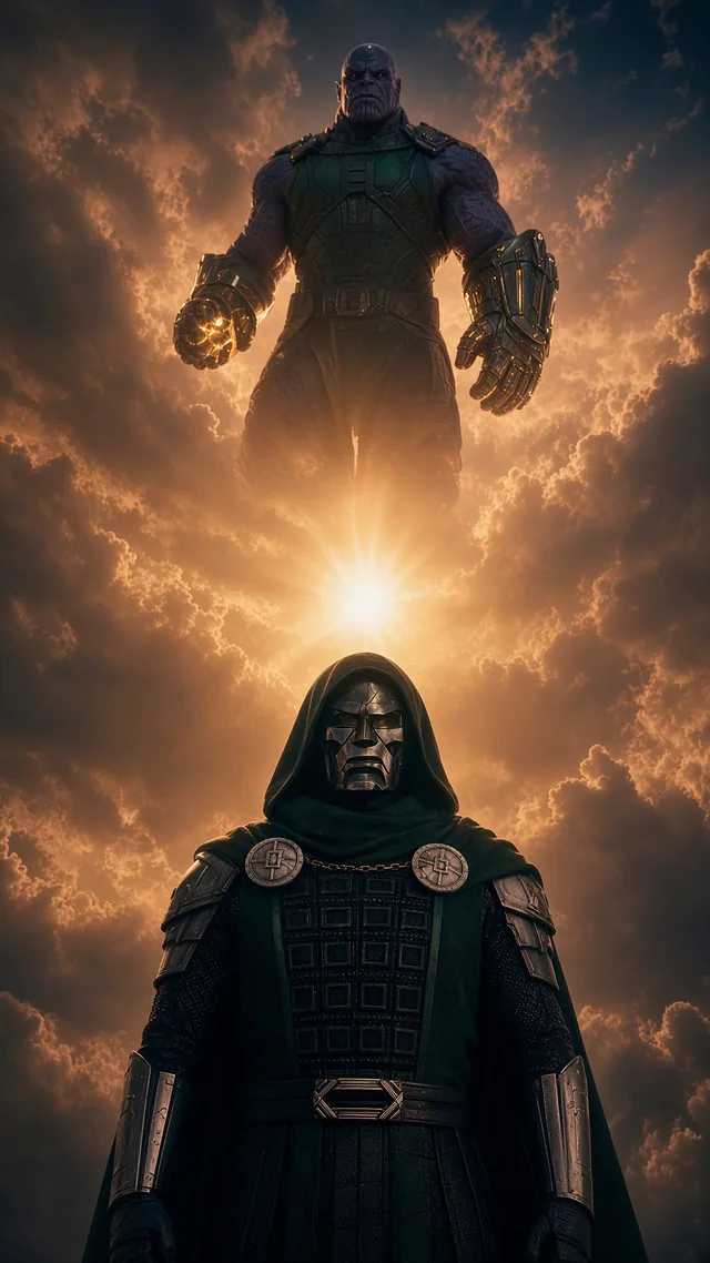 Doctor Doom in a green cloak and metallic mask standing beneath a giant Thanos in golden cloudy sunlight.