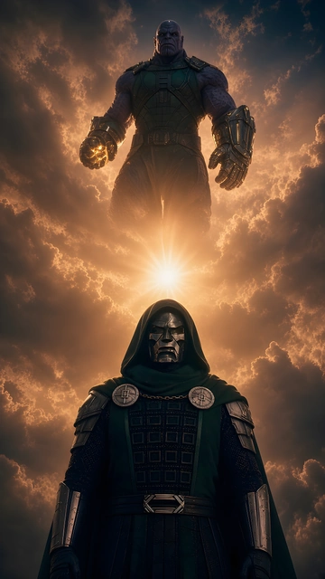 Doctor Doom in green cape and metal mask standing below a massive Thanos under a glowing sunset sun.