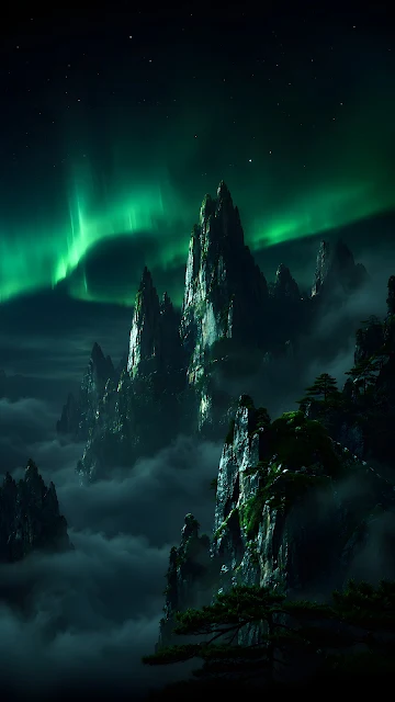 Towering sharp mountain towers emerge from a dense layer of low valley mist under a subtle green northern lights glow.