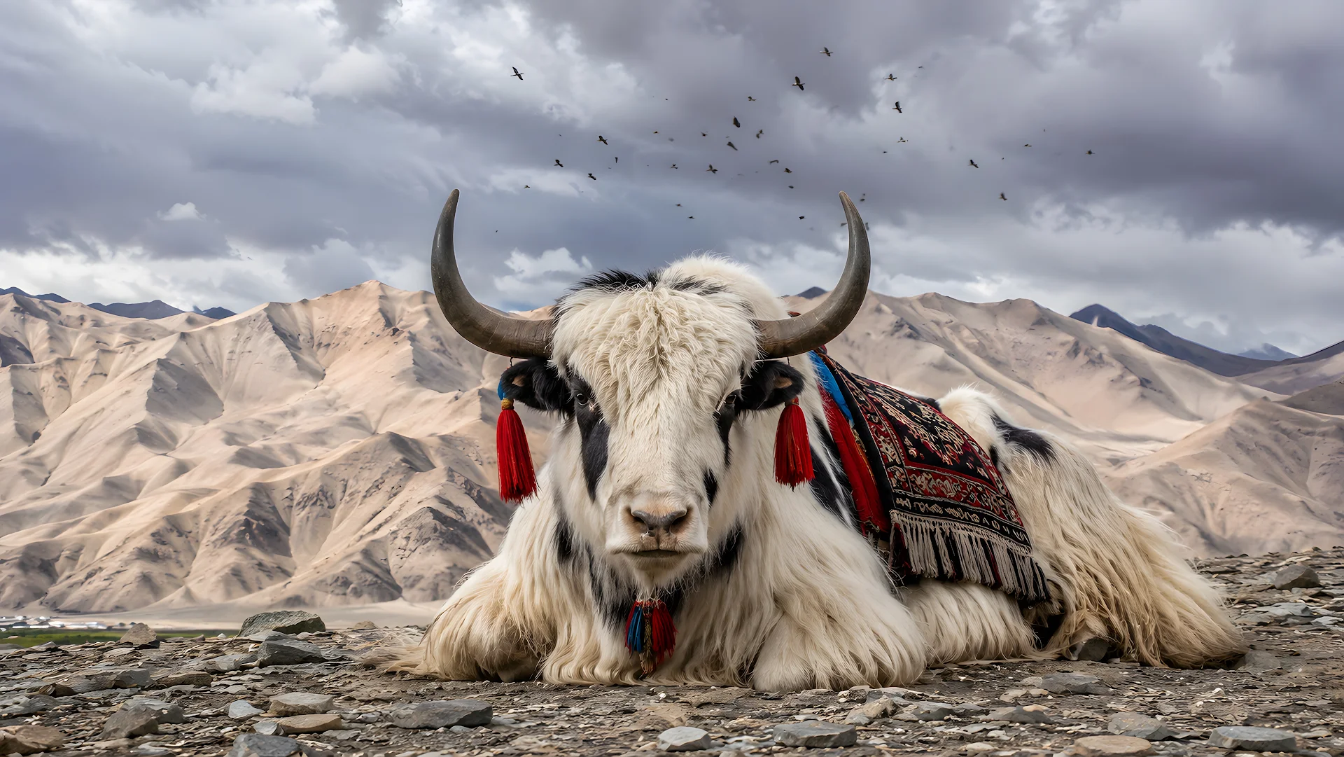 Domesticated white yak resting in high altitude mountain landscape - Free 4K desktop Wallpaper