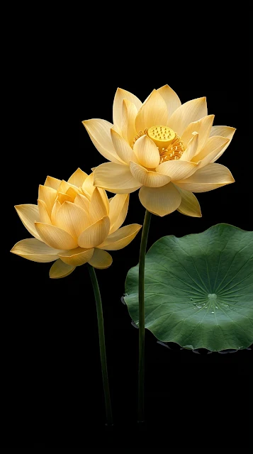 Double Golden Lotus Blossoms Emerging from Jet Black Shadow - Free 4K & 8K mobile Wallpaper